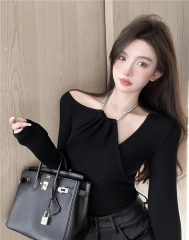 ~ Strapless chain halter neck temperament all-match thin long-sleeved top women's solid color T-shirt