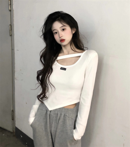 Sweet and spicy pure cotton women's design new irregular long-sleeved T-shirt bottoming top trendy