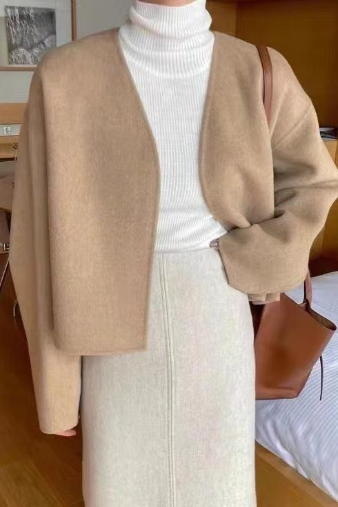 Korean Dongdaemun spring and autumn new fashion temperament simple small V-neck loose short woolen coat