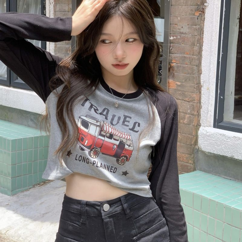 Contrasting color long-sleeved T-shirt women's autumn and winter new round neck top slim fit short bottoming shirt