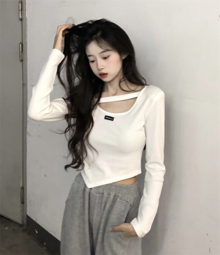 Sweet and spicy pure cotton women's design new irregular long-sleeved T-shirt bottoming top trendy