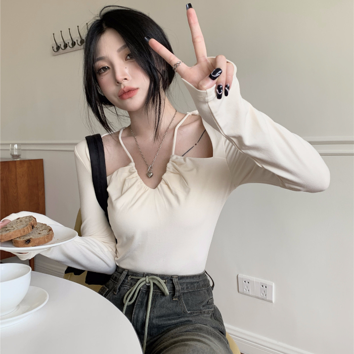 Official picture 90 fiber 10 spandex double-sided velvet brushed T-shirt women's long-sleeved V-neck design sense niche