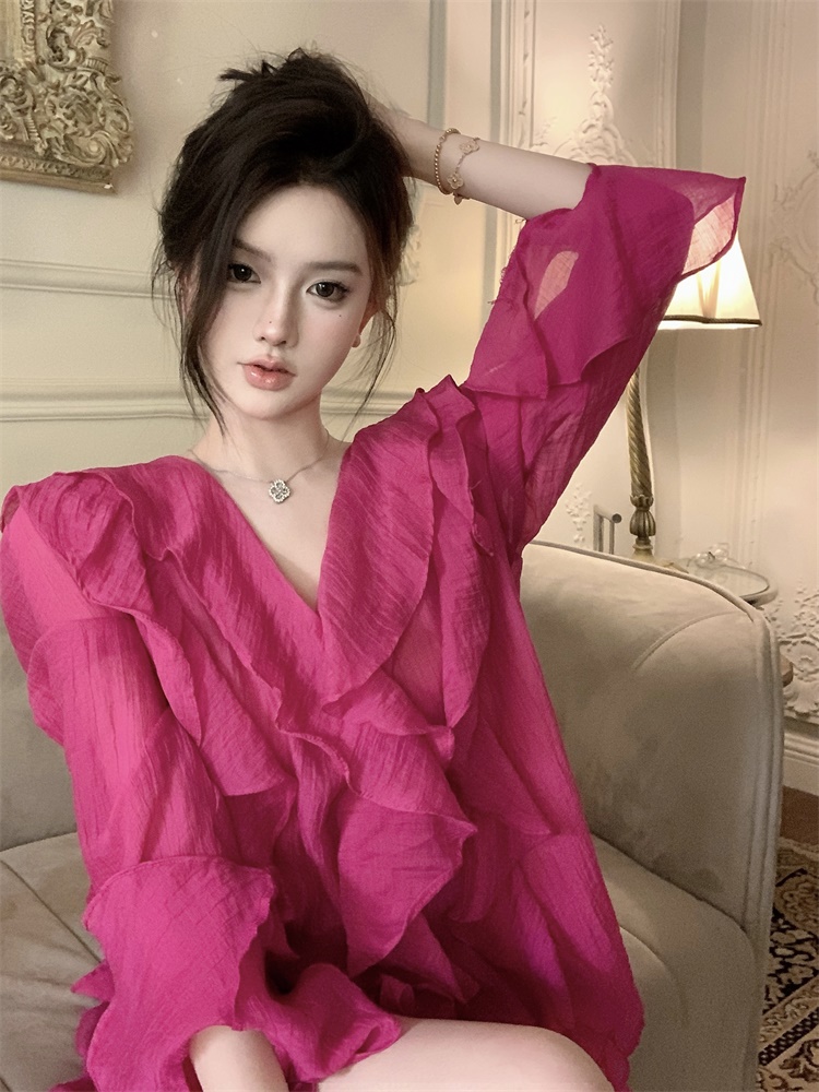 French ruffle V-neck bell sleeves stunning top