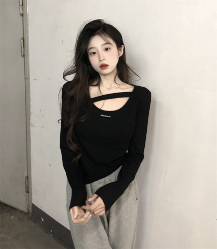 Sweet and spicy pure cotton women's design new irregular long-sleeved T-shirt bottoming top trendy