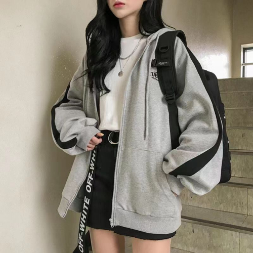Scale Thin Korean Harajuku Style Sweatshirt with Color Matching Embroidered Letters Sweatshirt with Velvet Zipper
