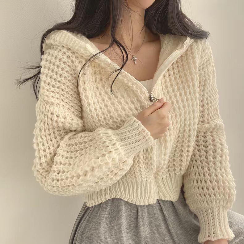 Chic Korean hooded knitted cardigan lazy loose temperament zipper sweater jacket