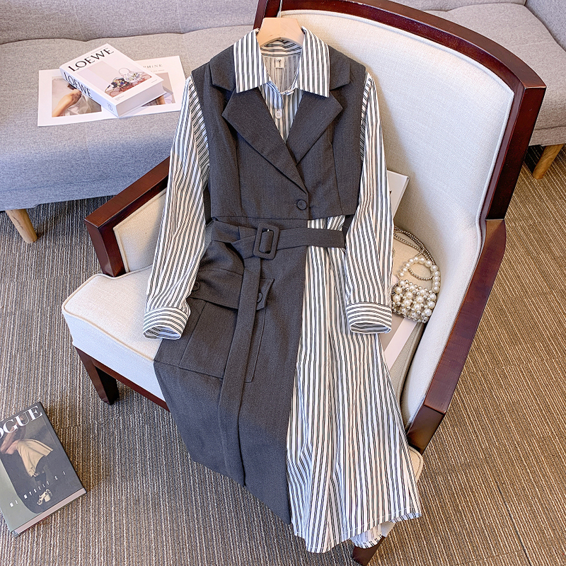 2023 autumn new large size women's clothing fat MM foreign style thin design vest shirt dress suit