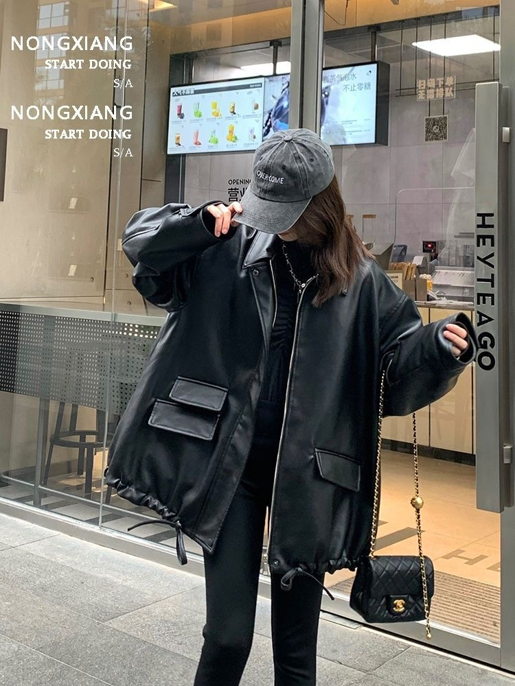 Black imitation leather jacket female 2023 spring and autumn US and Europe new Hong Kong style casual pu leather jacket tops