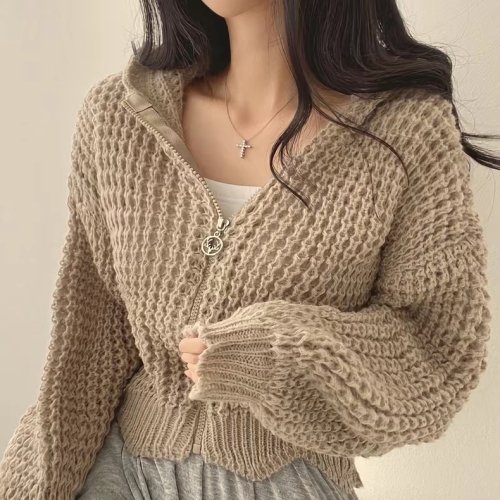 Chic Korean hooded knitted cardigan lazy loose temperament zipper sweater jacket