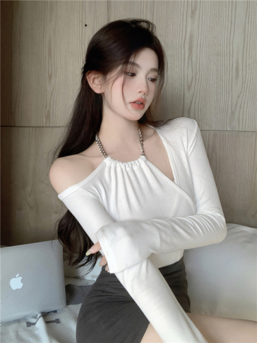 ~ Strapless chain halter neck temperament all-match thin long-sleeved top women's solid color T-shirt
