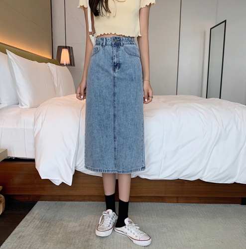 Denim skirt women's mid-length retro high waist slimming A-line 2023 new slimming skirt