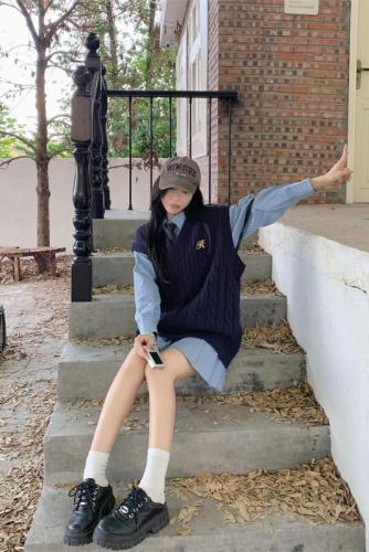 Early autumn Korean version of the preppy style layered knitted vest vest long-sleeved striped shirt skirt two-piece set