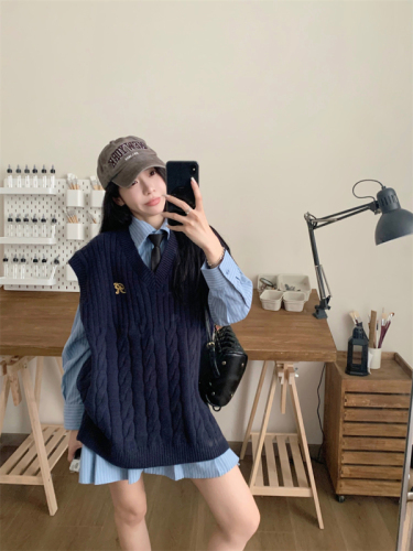 Early autumn Korean version of the preppy style layered knitted vest vest long-sleeved striped shirt skirt two-piece set