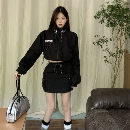 Retro Hong Kong style all-match short motorcycle jacket spring and autumn women's windbreaker hot girl high waist skirt couple tooling suit