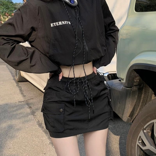 Retro Hong Kong style all-match short motorcycle jacket spring and autumn women's windbreaker hot girl high waist skirt couple tooling suit