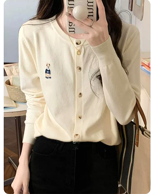 Korean ins bear embroidery knitted cardigan jacket autumn new style foreign style gentle wind top women's outer wear