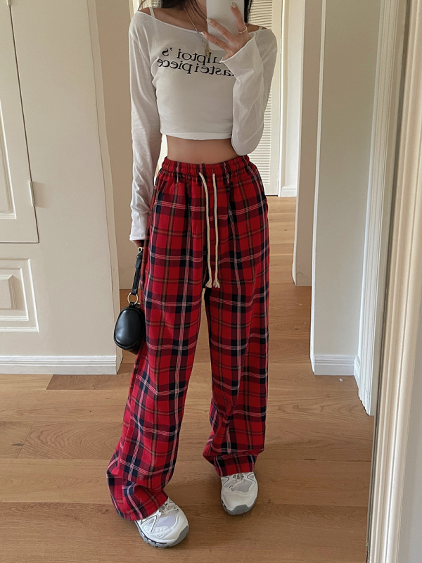 Red plaid pants women's straight pants wide leg pants women's casual pants autumn