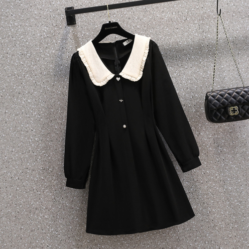 Autumn new large size doll collar black skirt waist temperament short long-sleeved dress M-4XL200 catties