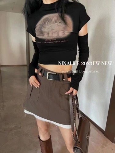  early autumn new Korean version half-high collar letter cat print slim fit hot girl sleeve sleeve short T-shirt top women