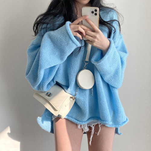 Korean chic autumn new retro loose lazy wind V-neck curling side slit fashion pullover sweater for women