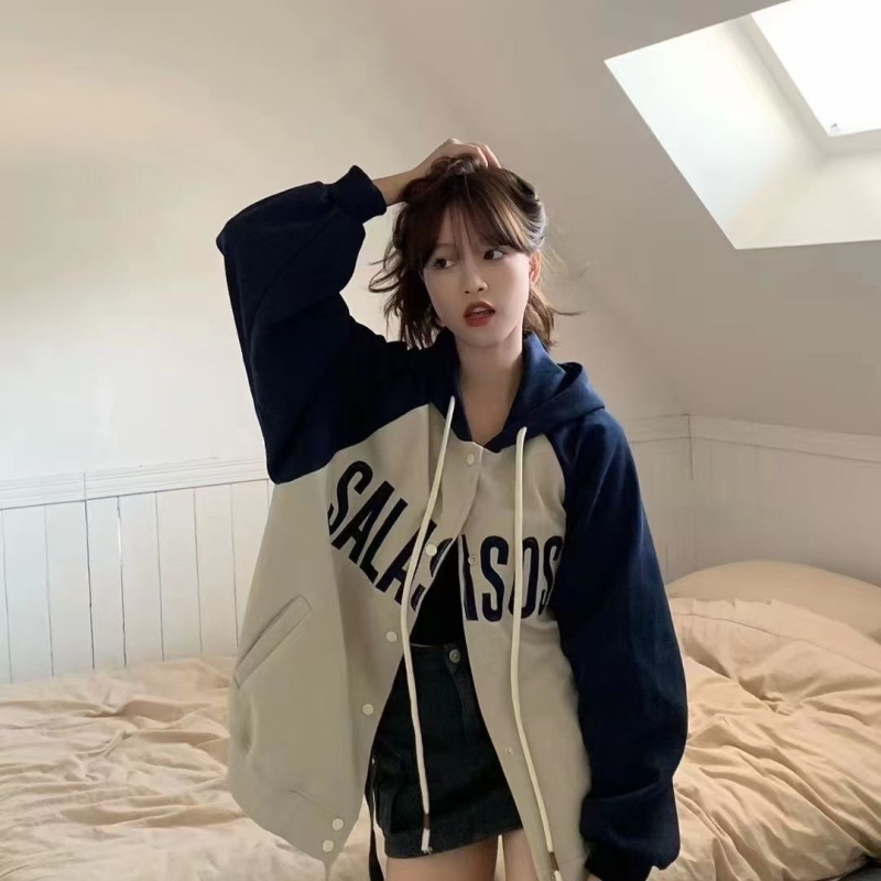 Korean style American retro fresh letter hooded sweatshirt for women autumn new loose casual cardigan jacket trendy