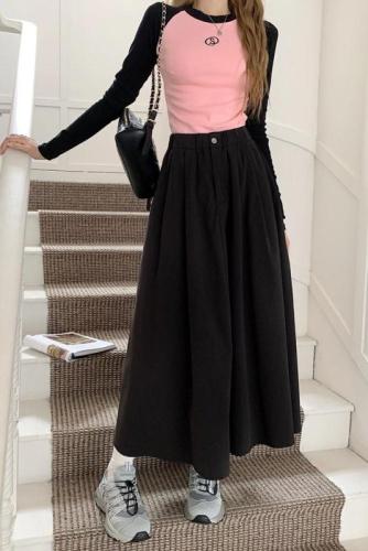 ~New Korean version design sense elastic waist long a-line skirt versatile slimming skirt for women