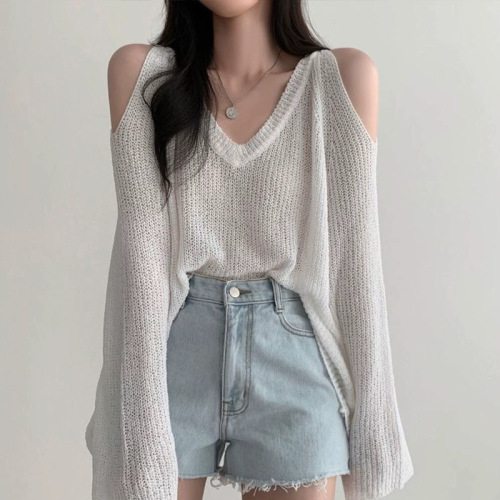 Korean chic loose lazy v-neck strapless all-match casual sunscreen knitted top women
