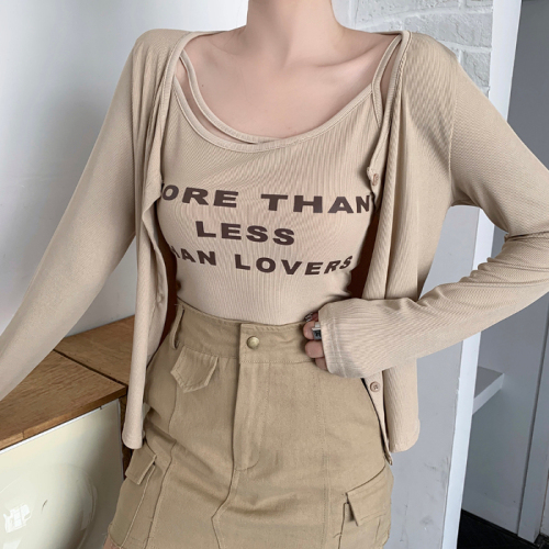 Large size autumn street sexy casual wind letter printing suspenders slim slim long-sleeved women's outer shirt two-piece set