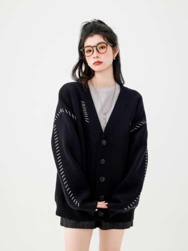 OKCEY LAB autumn and winter open line love cardigan jacket sweater women lazy college style couple V-neck sweater men