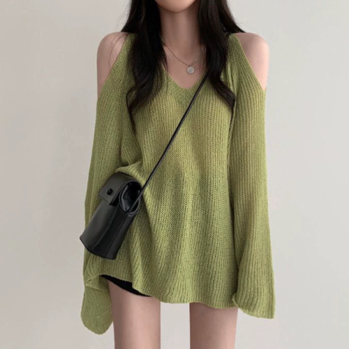 Korean chic loose lazy v-neck strapless all-match casual sunscreen knitted top women