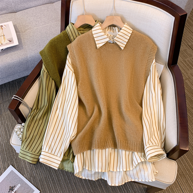 2023 autumn new style fat sister design sense polo collar striped shirt temperament knitted vest two-piece set