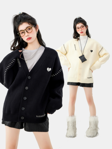 OKCEY LAB autumn and winter open line love cardigan jacket sweater women lazy college style couple V-neck sweater men