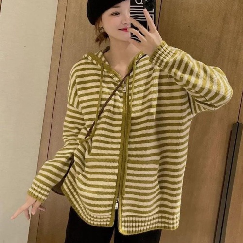 Contrast color striped hooded zipper sweater spring and winter cardigan new niche casual long-sleeved loose knitted top women