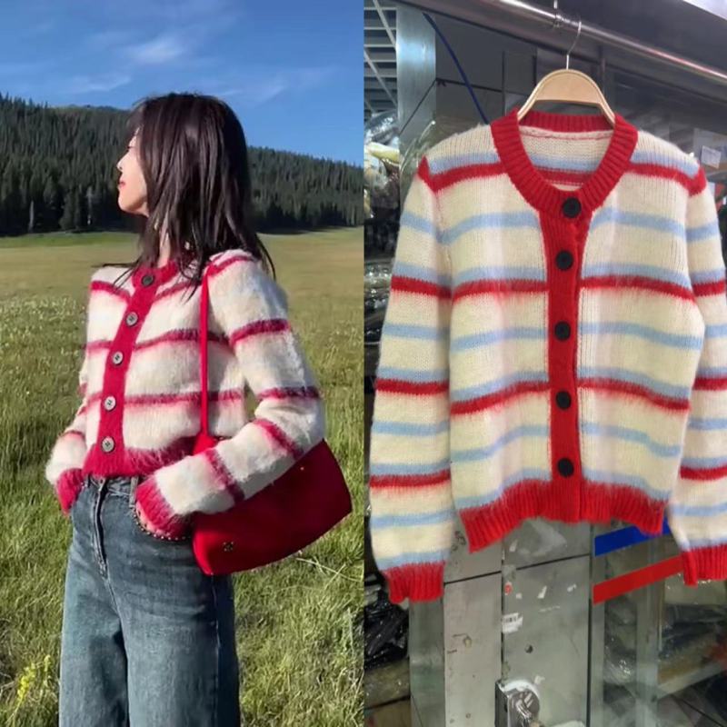 2023 autumn and winter new Korean version loose soft waxy stripes contrast color long-sleeved sweater women's short lazy style knitted cardigan