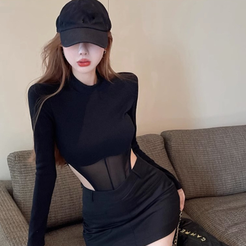 Official picture spring and autumn tight bodysuit top design sense mesh stitching pure desire long-sleeved T-shirt hot girl bottoming shirt female