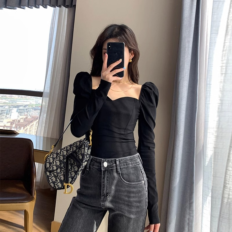 Official picture French puff sleeve long-sleeved T-shirt women's spring and autumn new temperament light familiar retro self-cultivation design top