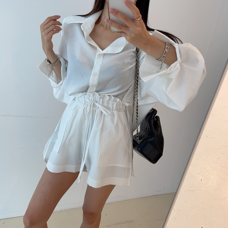 Original spot solid color sun protection clothing loose shirt + elastic shorts set two-piece set short with lining