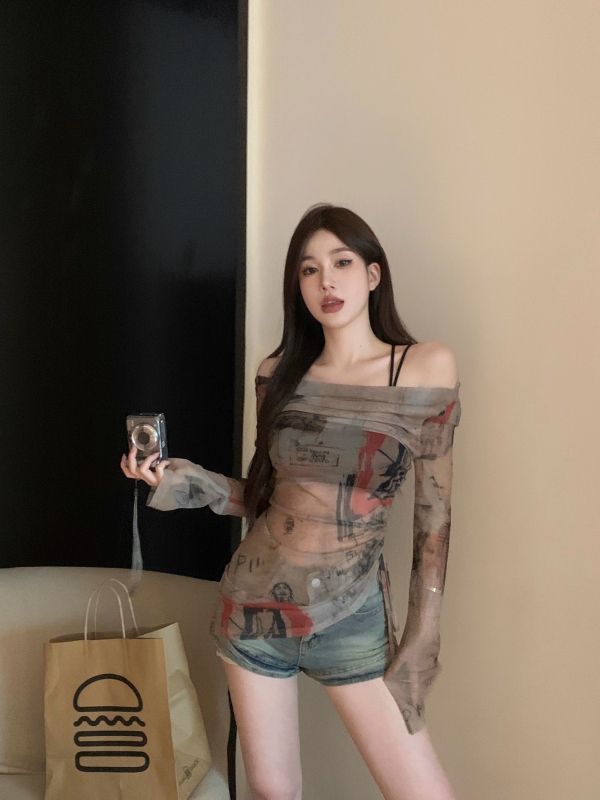 Official picture American hot girl one-shoulder T-shirt women's autumn net gauze thin section long-sleeved sunscreen blouse design sense drawstring top