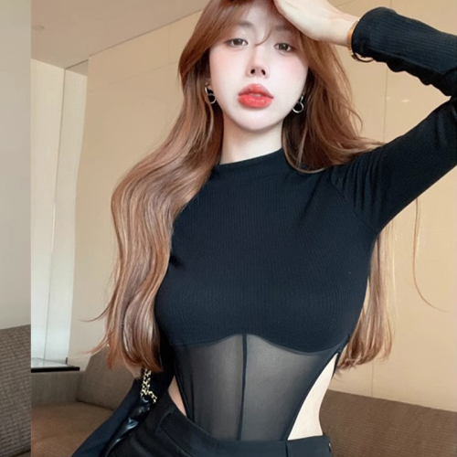 Official picture spring and autumn tight bodysuit top design sense mesh stitching pure desire long-sleeved T-shirt hot girl bottoming shirt female