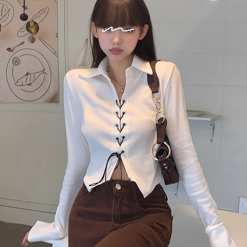 Official image polo collar long sleeve short T-shirt women's spring and autumn hot girls tie straps look thin inner wear design sense bottoming shirt top