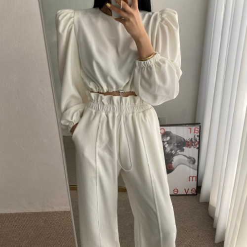 Original spot early autumn solid color long-sleeved short top + high waist casual pants two-piece set