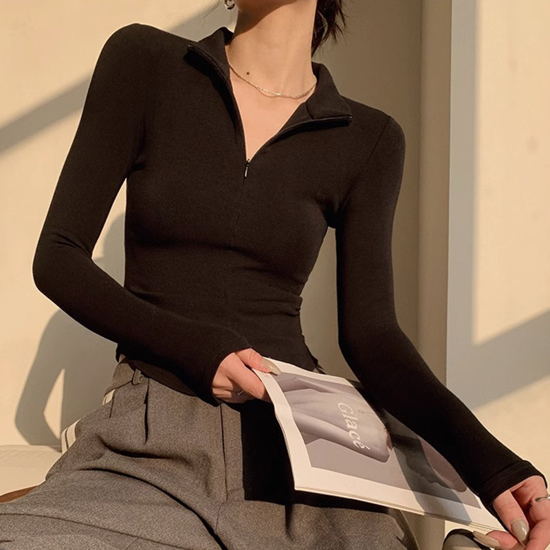 Official picture Long-sleeved T-shirt women's spring and autumn new tight-fitting and thin inner bottoming shirt zipper half-high collar solid-color top