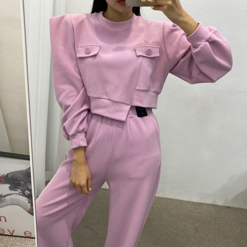 Original spot one-shoulder sweater + patch wide-leg pants fashion suit two-piece set