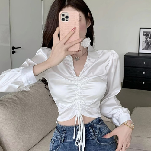 Official picture drawstring shirt women's spring and autumn French style v-neck temperament long-sleeved shirt design sense niche short top