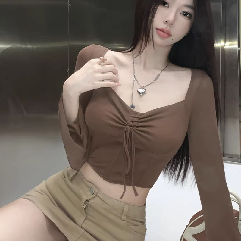 Official picture Spice girl square collar fishbone long-sleeved T-shirt women's autumn design sense waist short tight top bottoming shirt