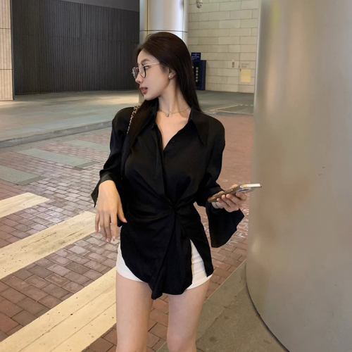 Official picture Long-sleeved shirt women's early autumn thin design sense shirt loose mid-length cardigan light familiar wind top