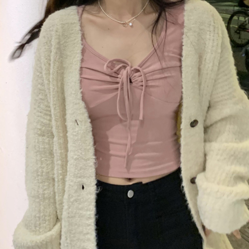 The official picture is a Korean pure desire hot girl spring and autumn V-neck long-sleeved T-shirt slim-fit solid color short bottoming shirt top