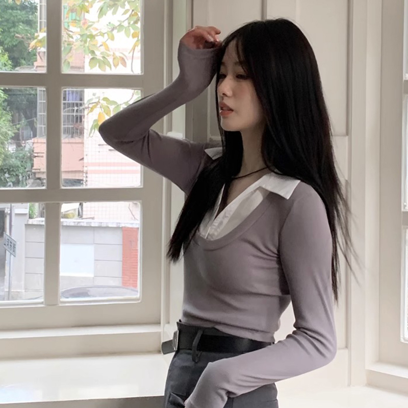 Official picture Fake two pieces Short long-sleeved T-shirt women's autumn splicing temperament hot girl top simple shirt POLO collar