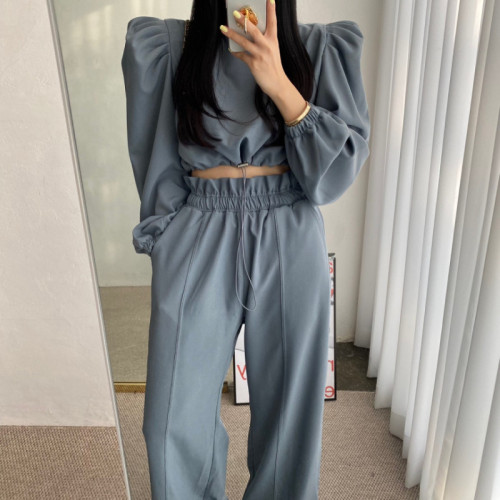 Original spot early autumn solid color long-sleeved short top + high waist casual pants two-piece set