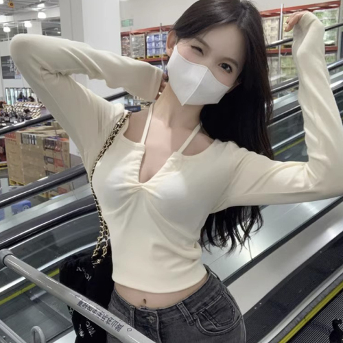 The official picture is a Korean pure desire hot girl spring and autumn V-neck long-sleeved T-shirt slim-fit solid color short bottoming shirt top